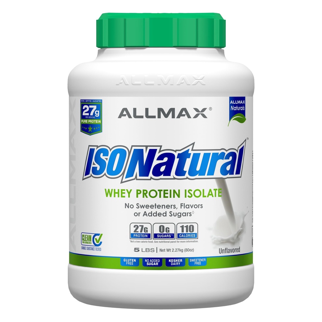 ALLMAX ISONATURAL Whey Protein Isolate, Unflavored - 5 LB - 27 Gram Protein Per Scoop - Zero Fat & Sugar - 99% Lactose Free - med Prebiotics - Ingen kunstige Flavors - Ca. 78 Servering