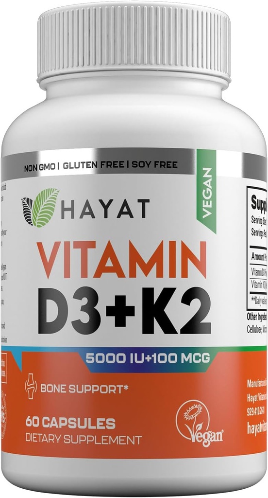 HAYAT Vitaminer Vegan Vitamin D3 + K2 (5000 IE + 100 MCG), Kosttilskud til ben, tænder, muskel og immunforsvar, 2 måneders forsyning, Certificeret Halal, 60 kapsler, Made in USA