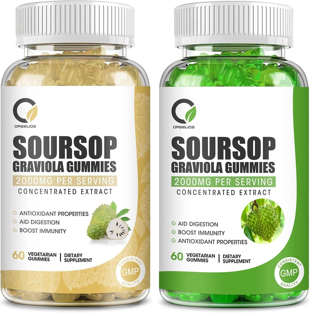 2 Pack Soursop Graviola Gummies, Soursop Leaf Extract Flavor & Autentiske Soursop Frugt Extract Flavor, for Cell Support & Regeneration, Immunitet, Lever, Zzz & Antioxidant - Gluten Free, Vegan