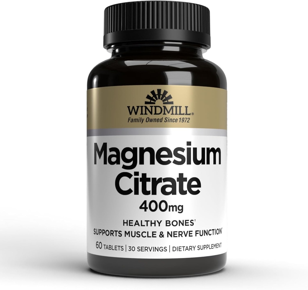 Windmill Natural Vitaminer Magnesium Citrate 400 mg, immunforsvar, understøtter sundt hjerte, 60 Greve, 30 Servere