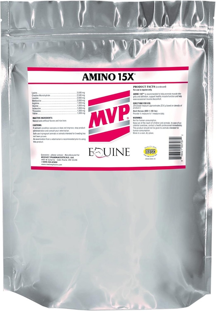 MVP Amino 15X (1.5lb) Supports Healthy Muscle Function, Development and Recovery in Horses.