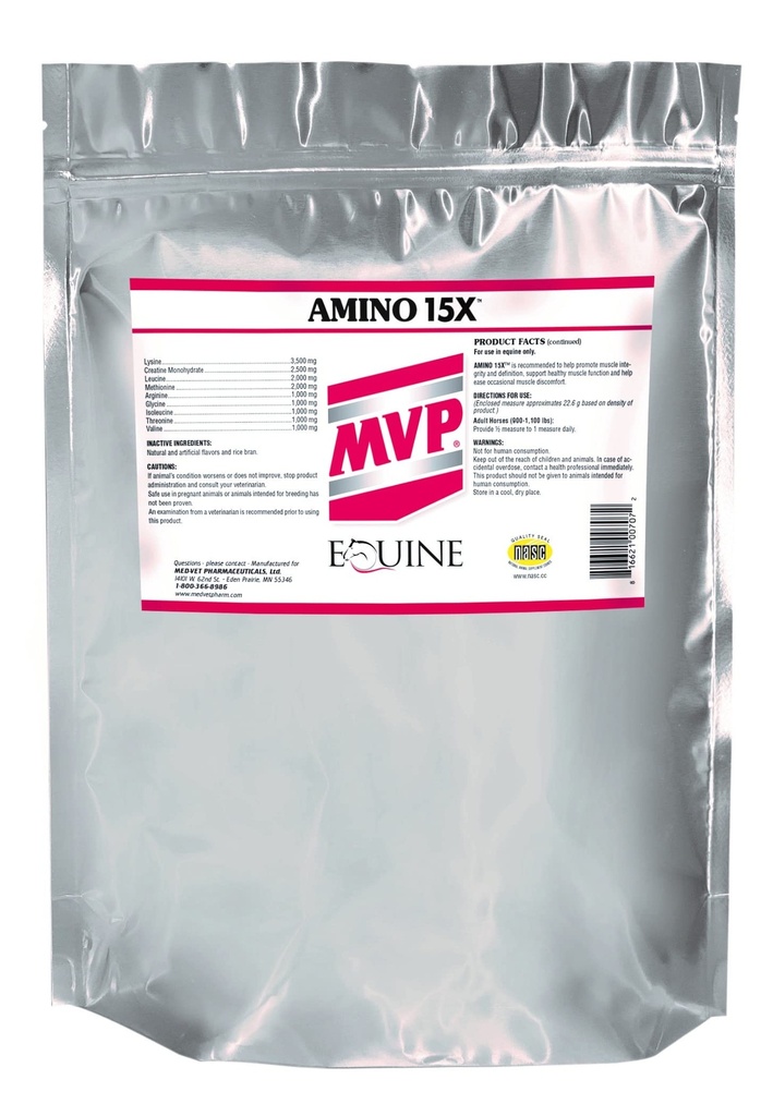 MVP Amino 15X (1.5lb) Understøtter sund muskel funktion, udvikling og inddrivelse i heste.