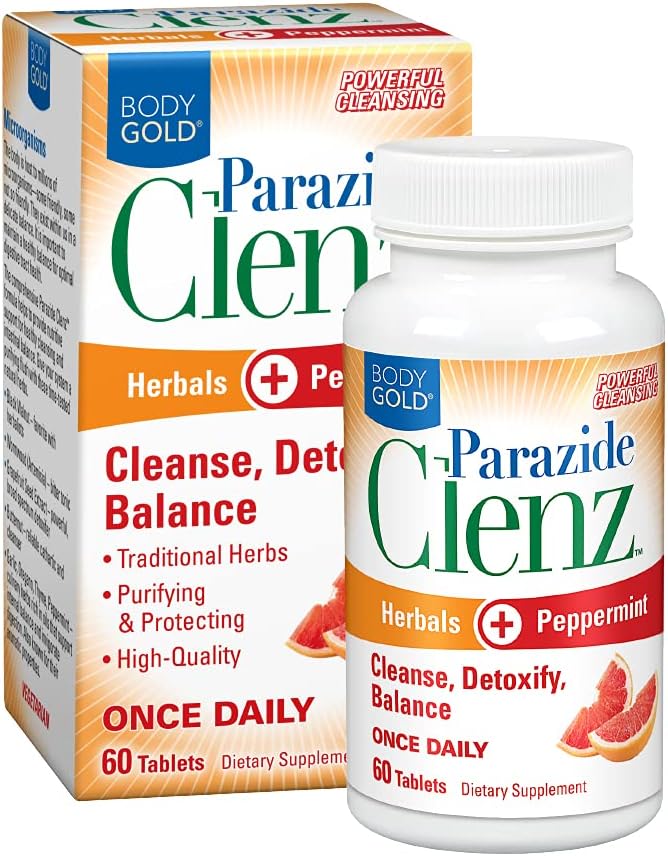 Body Gold Parazide Clenz Herbals & Peppermint | Intestinal Cleanse & Detox w/Black Walnut & More | 30 Serv, 60 Tablets