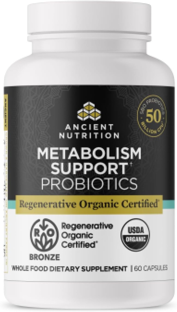 Ancient Nutrition Regenerative Organic Certified Probiotika til Metabolisme Support, sund fordøjelse og immunsystem Funktionssupport, 50 Millioner CFU * Per Servering, 60 Tæl