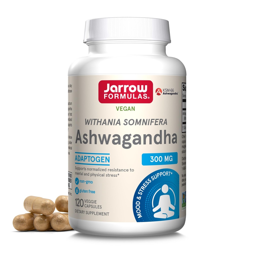 Jarrow Formulas ® Ashwagandha kapsler, 300 mg tillæg understøtter normaliseret resistens over for mental og fysisk stress, 120 Veggie kapsler, 60 dages forsyning