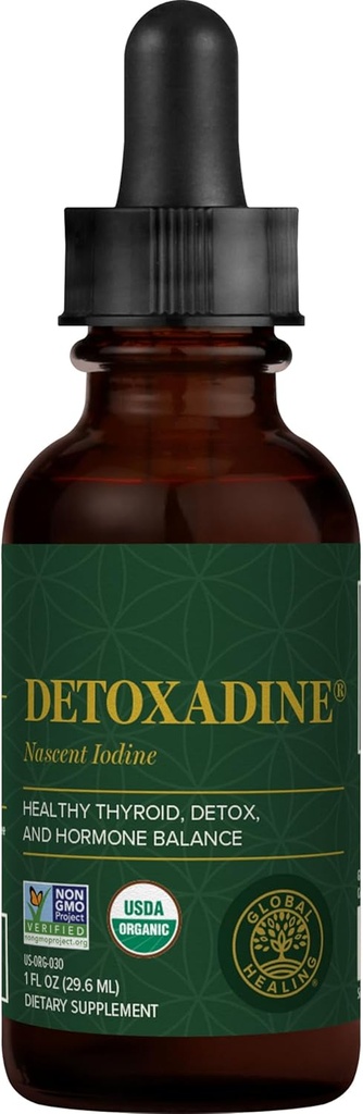 Global Healing Center - Detoxadine - Organic Nascent Liquid Jod Supplement Drops til Thyroid Support, Detox Cleanse, og Metabolisme - Non- GMO, Vegan, 200 Servere Jod Drops (1 Oz)