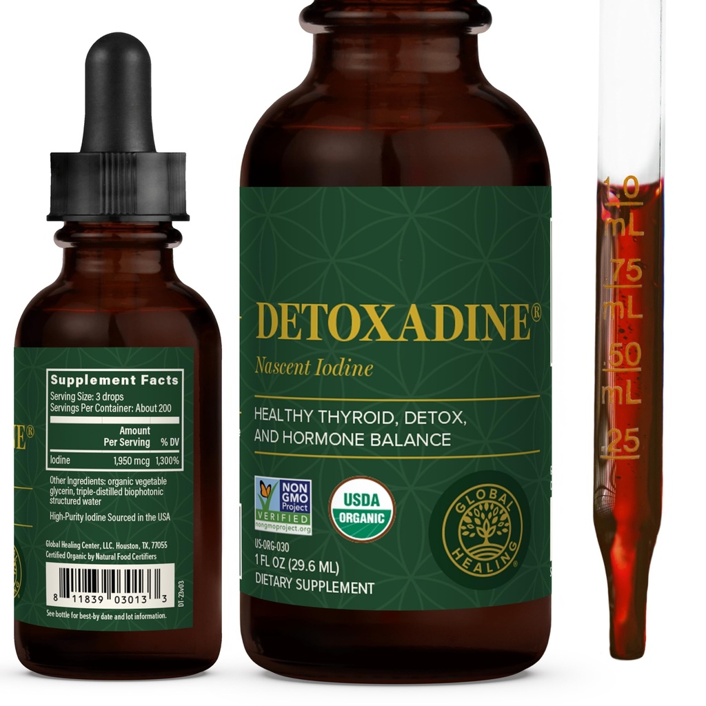 Global Healing Center - Detoxadine - Organic Nascent Liquid Jod Supplement Drops til Thyroid Support, Detox Cleanse, og Metabolisme - Non- GMO, Vegan, 200 Servere Jod Drops (1 Oz)