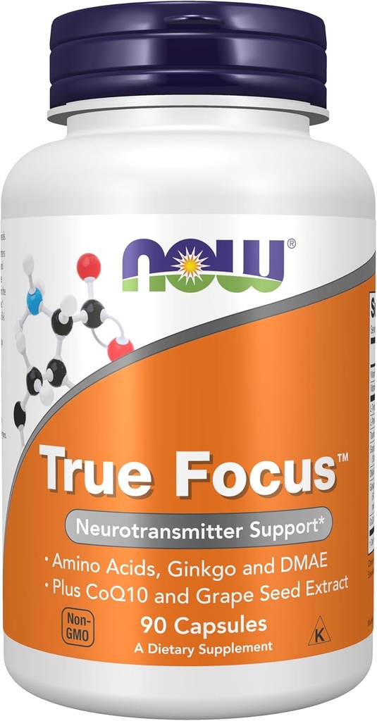 Now Foods Supplements, True Focus ™ med Aminosyrer, Ginkgo, DMAE + CoQ10 og Grape Seed Extract, 90 Veg Kapsler