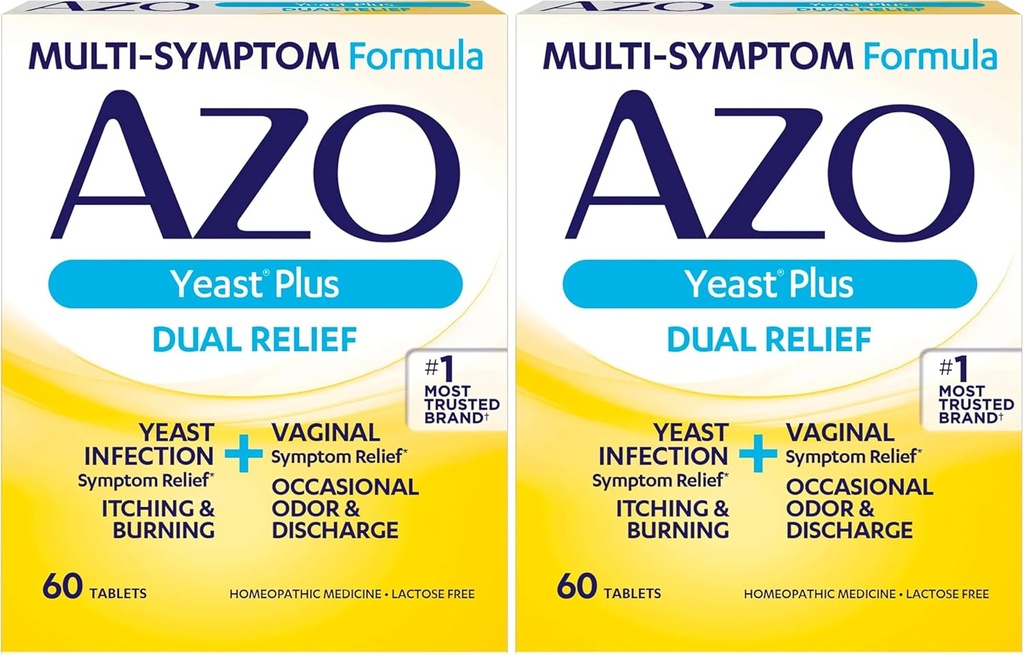 AZO Gær Plus Dual Relief Tablets, Gær Infektion og Vaginal Symptom Relief, Relieves Itching & Burning, 60 Greve (pakke med 2)