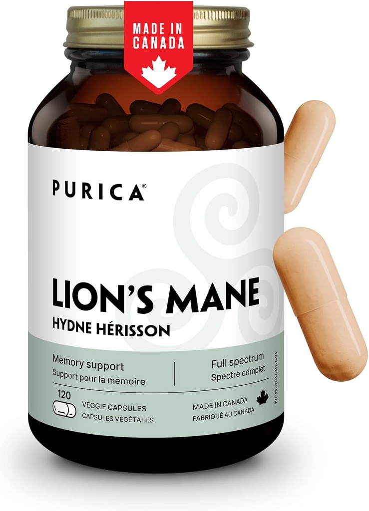PURICA - Lions Mane Mikronised Mushrooms, 120 Veganske Kapsler 60- Day Supply - Promoves Cognitive Health - Non-GMO og Gluten- Free - Fokus og hukommelse support - Brain Health og forbedre fordøjelsen
