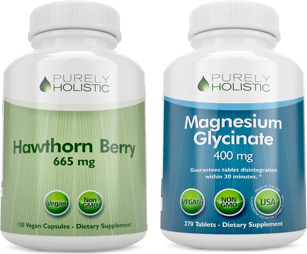 Helt Holistisk Hawthorn Berry 665mg + Magnesium Glycinate 400mg + 150 Kapsler & 270 tabletter - Vegan Bundle - Made in The USA