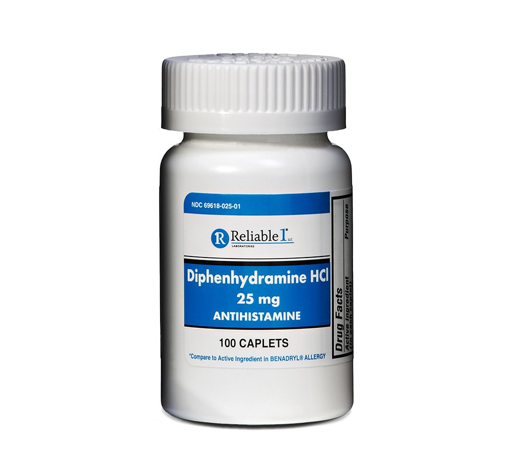 Pålidelig 1 Diphenhydramin HCI 25mg Antihistamin 100 kapsler (1 flaske)