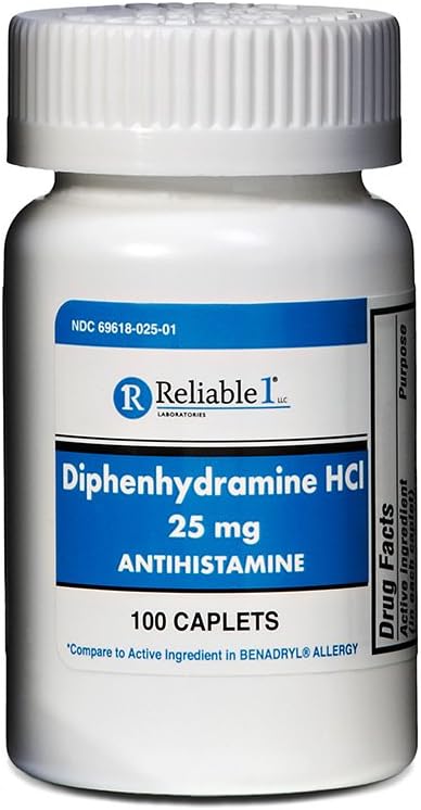 Pålidelig 1 Diphenhydramin HCI 25mg Antihistamin 100 kapsler (1 flaske)