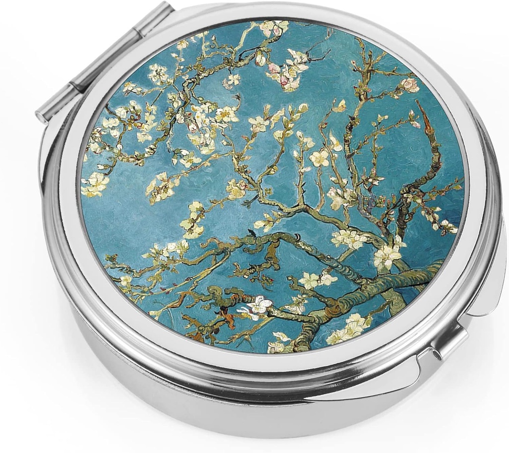 Dynippy Pill Case Pill Box med spejl Pocket 3 Compartment Medicine Case Vitamin Pill Organizer for Pocket Purse and Travel (Runde, Silver- Mandel Blossom)