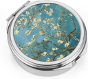 Dynippy Pill Case Pill Box with Mirror Pocket 3 Compartment Medicine Case Vitamin Pill Organizer for Pocket Purse and Travel (Round, Silver-Almond Blossom)