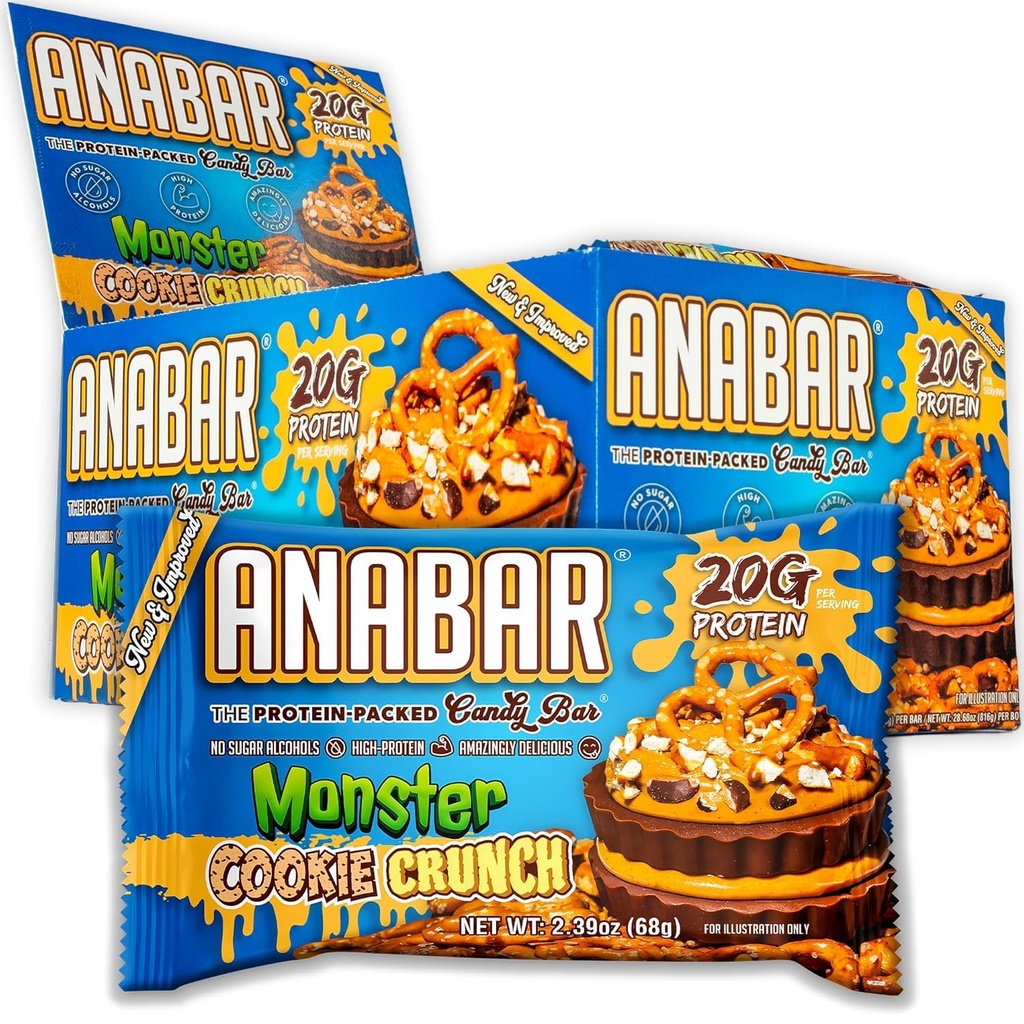 Anabar Protein Bar, The Protein- Packed Candy Bar, Amazing Tasting Protein Bar, Ingen sukkeralkoholer, High Protein, Forbløffende lækker (12 Barer, Mælk Chokolade Monster Cookie Crunch)