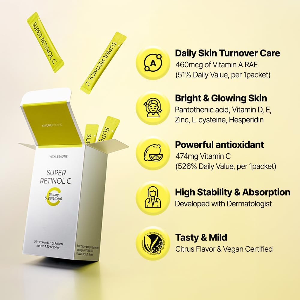 VITABEAUTIE Super Retinol C (pulver, hudpleje supplement) 30 Pakker flydende kollagen til kvinder, Super Collagen Lift Skudt