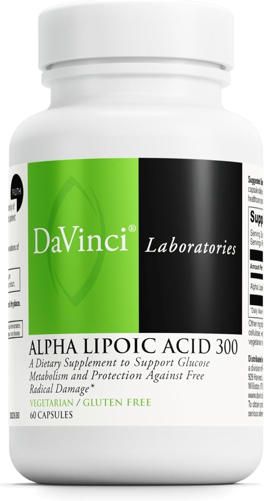 DAVINCI Labs Alpha lipoinsyre 300 - Kosttilskud til stofskifte og sunde collagenniveauer - med 300 mg Alpha liposyre per kapsel - Gluten- fri - 60 Vegetariske kapsler