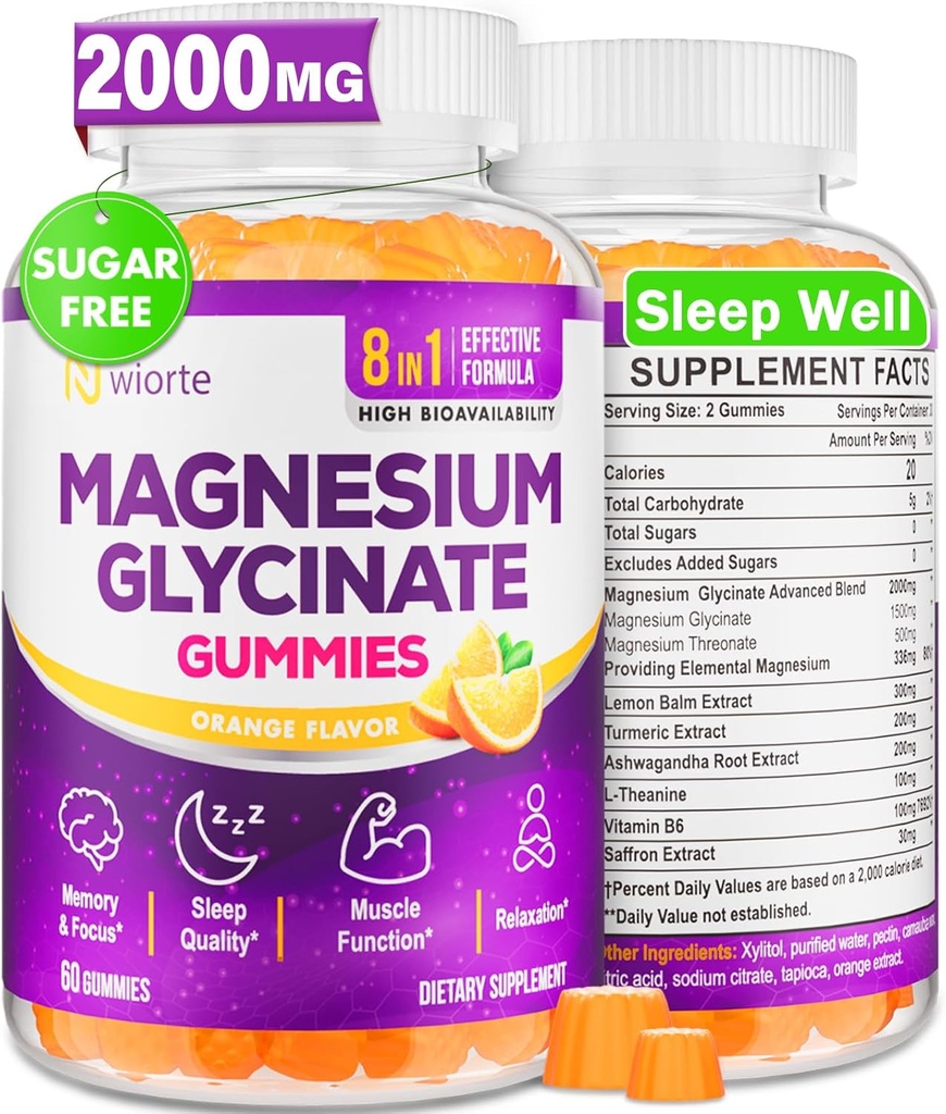 Magnesium Glycinat Gummies Supplement for voksne kvinder, Magnesium Gummies med L- Threonate, Ashwagandha, vitamin B6- søvn, afslapning, rolig, energi, Vegan, sukker fri, 60 Greve