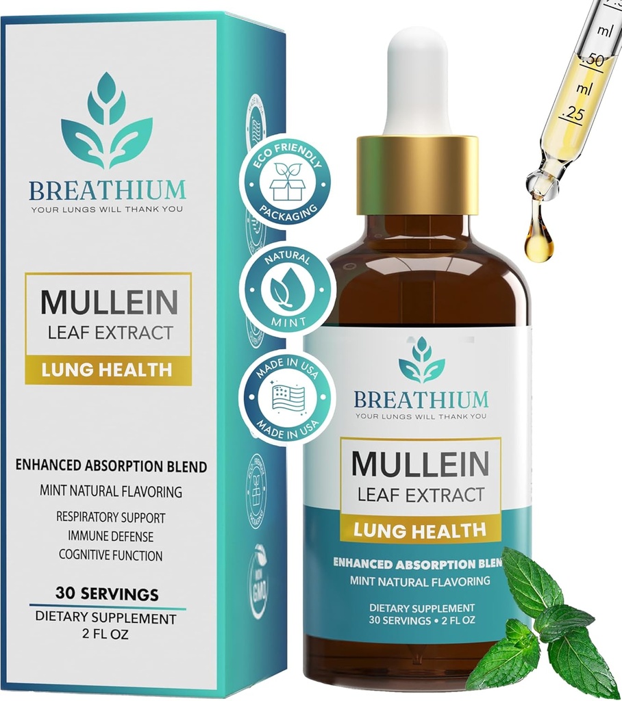 4-in-1 Mullein Drops til lunger & Gut Health - Liposomal Mullein Leaf Extract, Sunflower Lecithin & Cholin til immunforsvar, fordøjelsesbesvær, Allergi & Mucus Relief - Made in USA - 2oz Peppermint