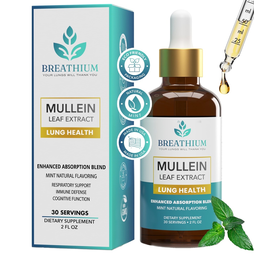 4-in-1 Mullein Drops til lunger & Gut Health - Liposomal Mullein Leaf Extract, Sunflower Lecithin & Cholin til immunforsvar, fordøjelsesbesvær, Allergi & Mucus Relief - Made in USA - 2oz Peppermint