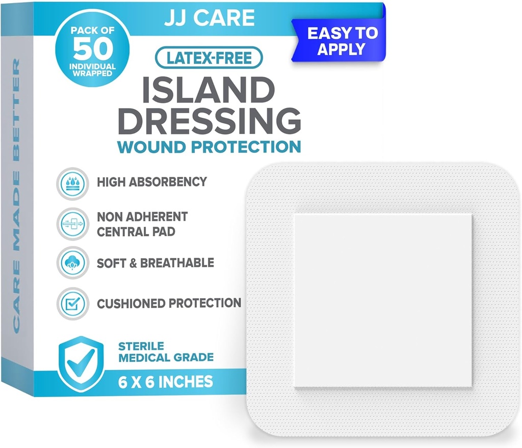 JJ CARE påklædning Island Dressing [Pack of 50], 6x6 Steril Bordered Gauze Dressing, Breathable Island Wound Klædning individuelt indpakket med stærkt Absorbent Non- Stick Center Pad
