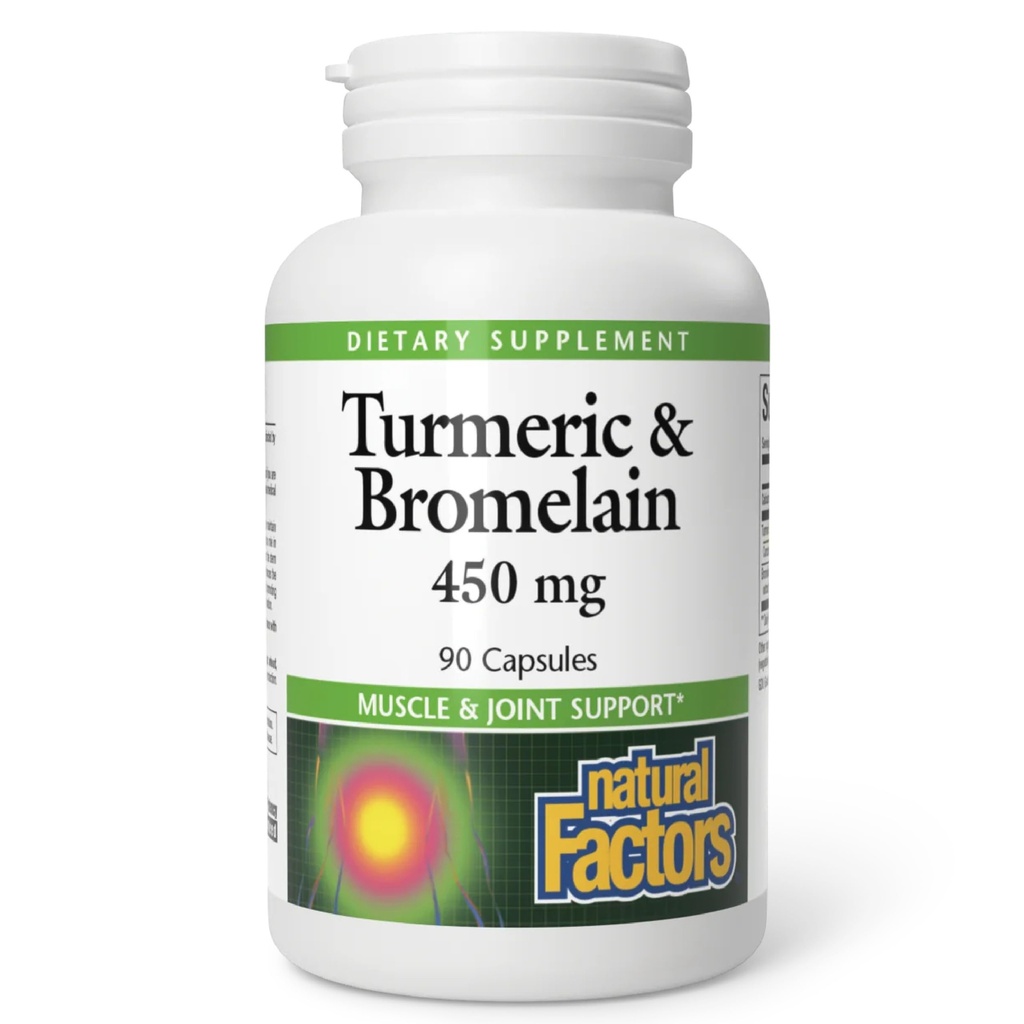 Naturlige faktorer, gurkemeje & bromelain 450 mg, muskel og ledstøtte, 90 kapsler