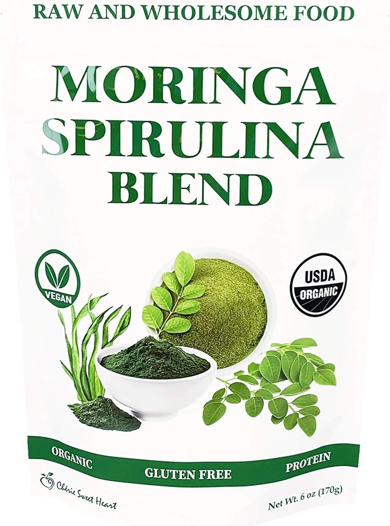 Chérie Sweet Heart Organic Moringa & Spirulina Superfood Blend, 6 oz - USDA Organic, Non- GMO, Vegan, Gluten- Free Supergreens Powder for Energy, Detox & Daily Wellness