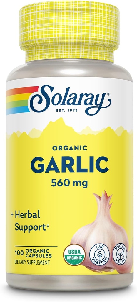 Solaray Økologisk hvidløg piller - 560 mg Hvidløg Kosttilskud til hjerte sundhedsstøtte - USDA Økologiske hvidløg kapsler - Vegan - 60-Day Money- Tilbage Garanti - 100 Servere, 100 VegCaps