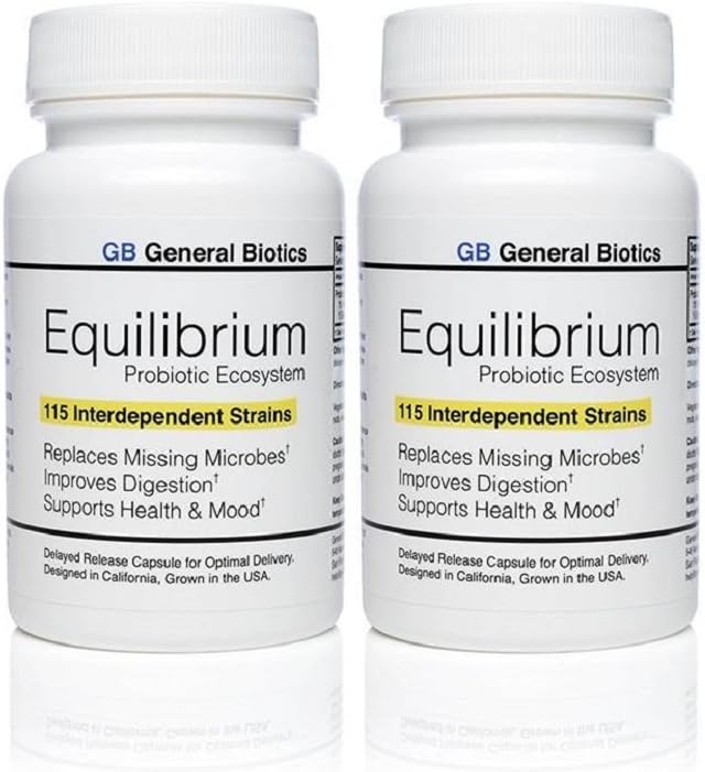 Equilibrium Probiotisk tillæg med Prebiotic - Daglig tidsudløsning - 60 Effektiv Let at synke kapsler - Højeste Strain Count i verden - 2 flasker