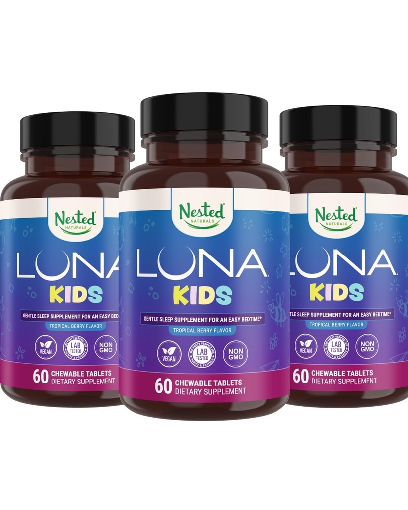 Nested Naturals Luna Kids Sleep Supplement - for børn & Melatonin Følsomme voksne - Gentle Herbal Supplement med kamille, Melatonin, & Valerian - 180 tyggetabletter (60 Per flaske)