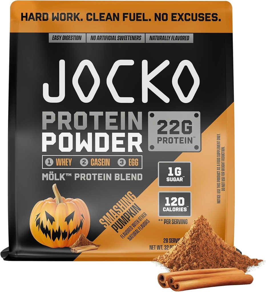 Jocko Mölk Whey Protein Powder - Keto, Probiotika, Grass Fed, fordøjelsesfremmende enzymer, Aminosyrer, Sukker Free Monk Fruit Blend - Understøtter muskel opsving og vækst (Pumpkin New)