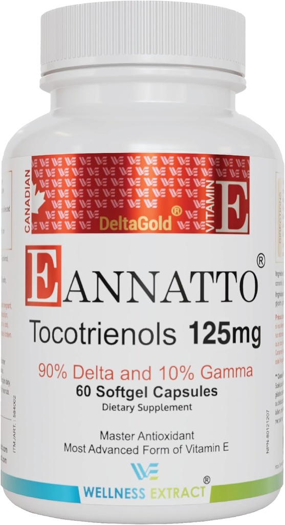 WELLENess EXSTT Eannatto Tocotrienols E-vitamin Kocopherol Free, Non-GMO, Gluten Free & Antioxidant (125MG 60 Softgel)