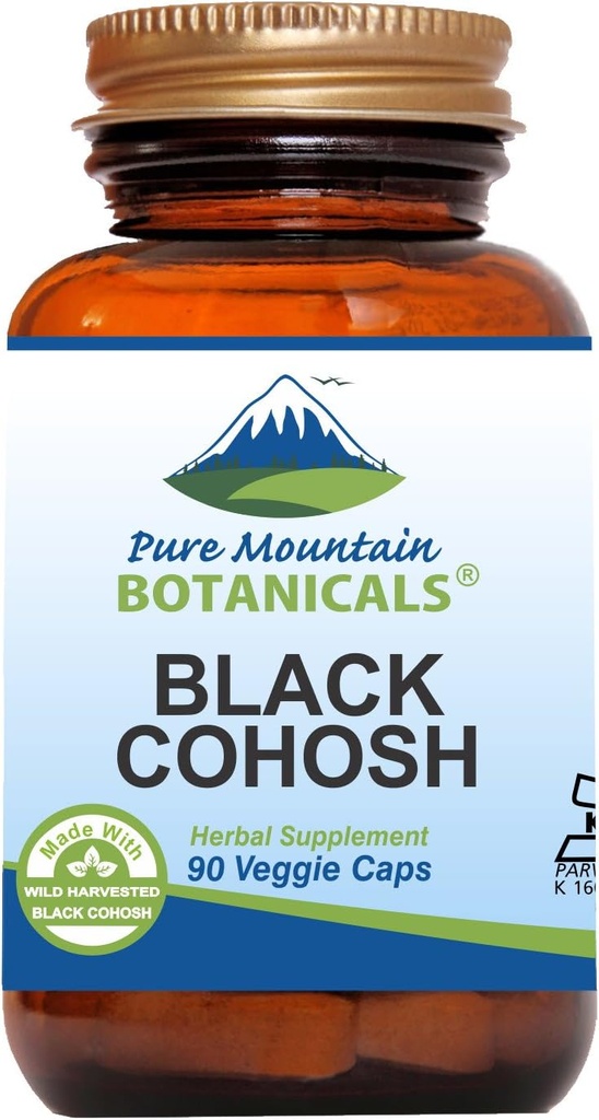 Pure Mountain Botanicals Black Cohosh Capsules - 90 Kosher Vegan Caps - Nu med 500mg Wild Black Cohosh Root - Nature Support til menopause