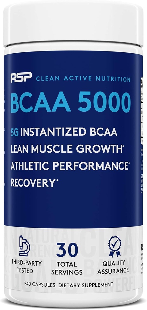 RSP BCAA 5000 (30 Serv), Premium BCAA kapsler til indlæg Workout Muscle Inddrivelse, Endurance & Energy, 5g af essentiel forgrenet kæde Aminosyrer Per Servering