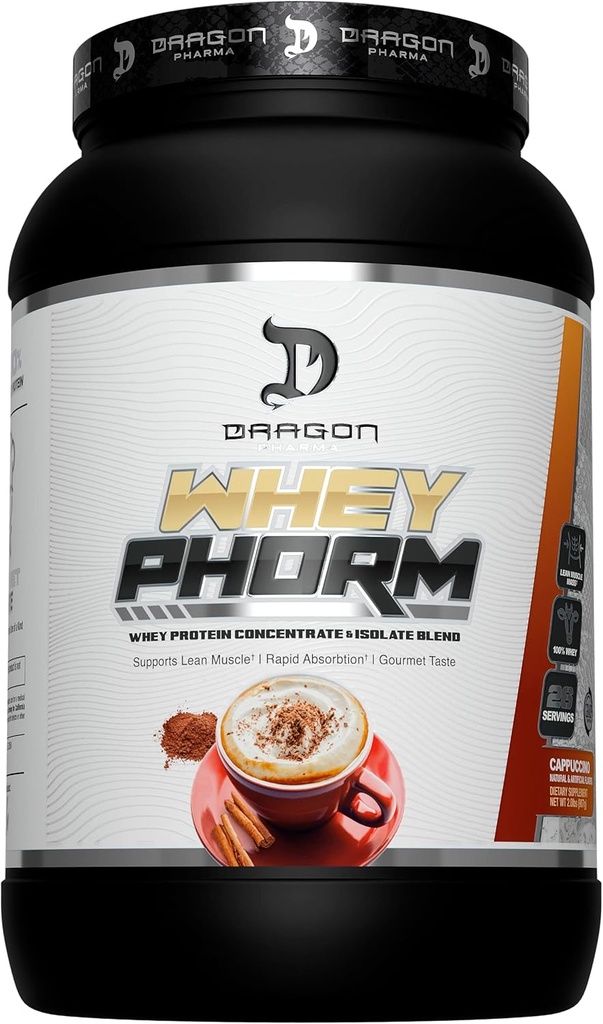 DRAGON PHARMA Whey Protein Blend, Fast Absorption, Gluten Free, 100% Whey Protein, WheyPhorm, Maksimere Inddrivelse, Great Tasting, 25 Bedste Protein (26 Servere, Cappuccino)