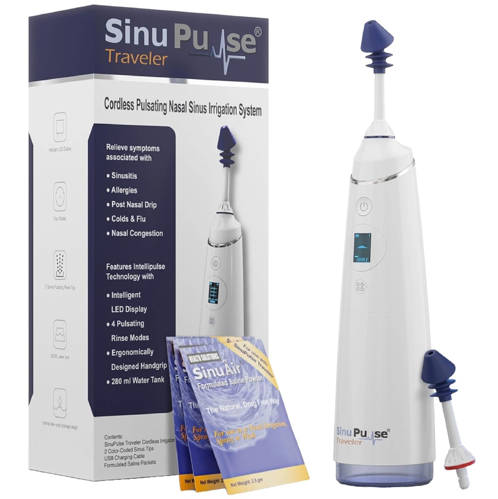 SinuPulse Traveler med 30 Sinuair Packets - Cordless Pulserende Nasal kunstvanding Sinus Rinse System, Space Saving Cleaner & Relief Machine til Rejser, mere effektiv end Neti Pot eller Næse Spray Flaske