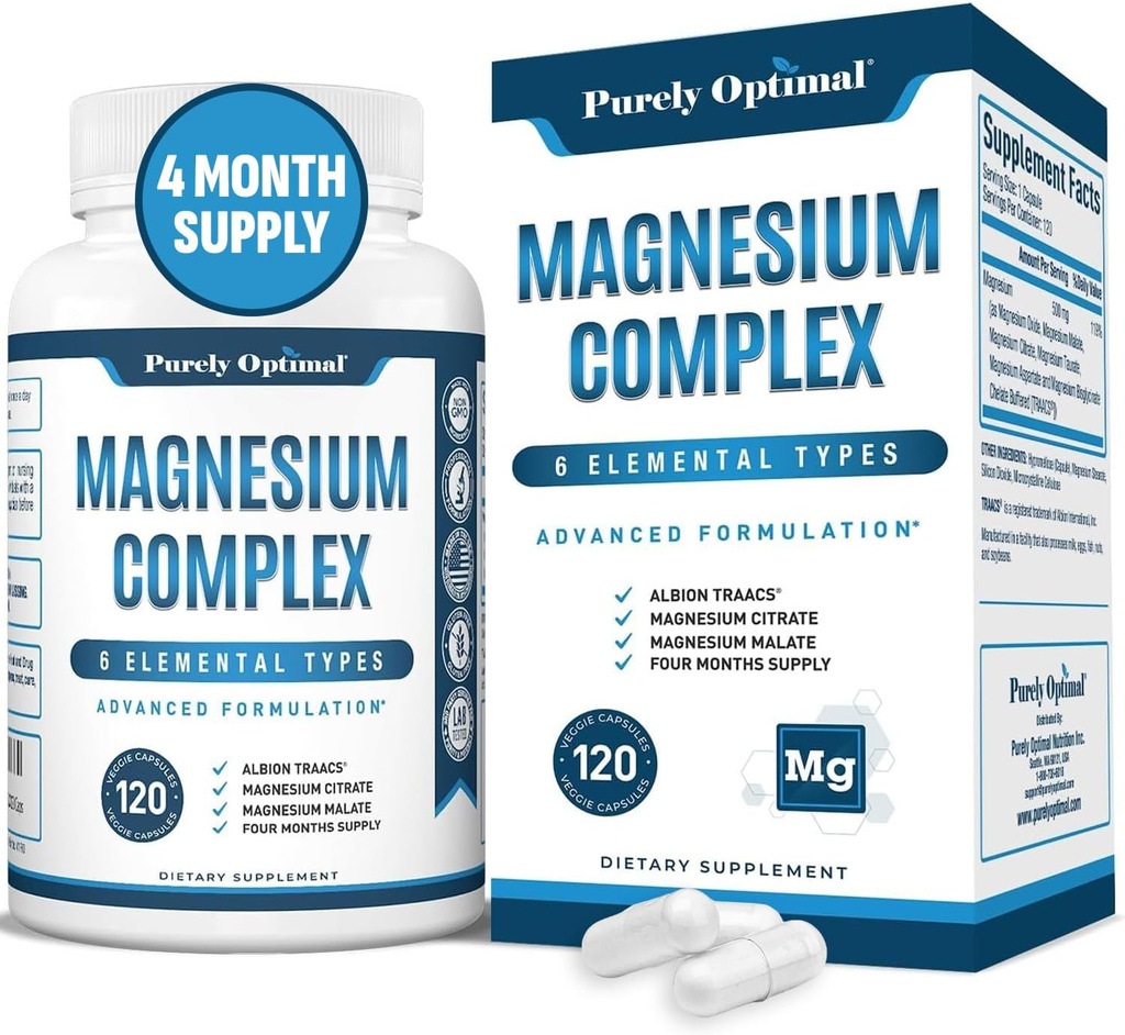 Rent Optimal Magnesium Complex - 6 Forms Magnesium Glycinat, Citrate & Malate - Sleep Support, Stress Relief, Muskler, Heart Health & Relaxation - Magnesium Supplement for kvinder & mænd, 120 Caps