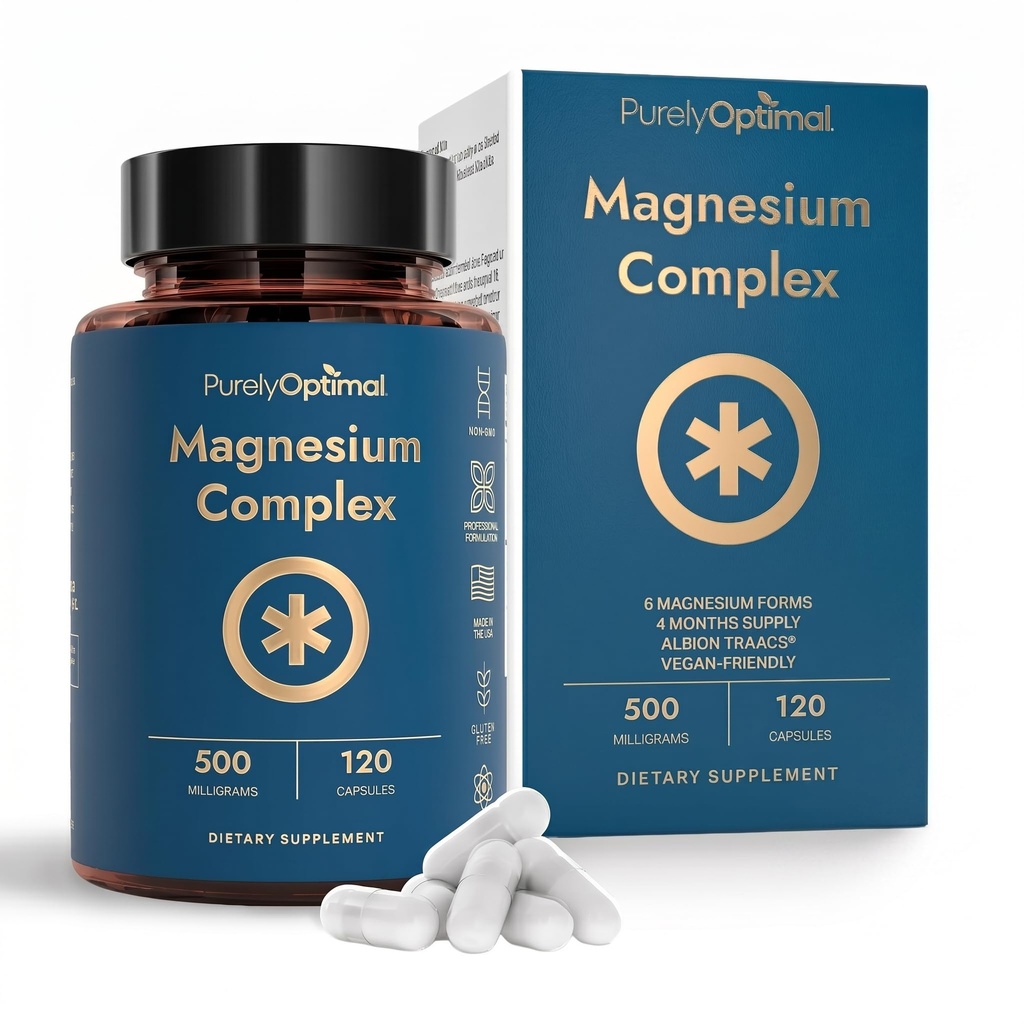 Rent Optimal Magnesium Complex - 6 Forms Magnesium Glycinat, Citrate & Malate - Sleep Support, Stress Relief, Muskler, Heart Health & Relaxation - Magnesium Supplement for kvinder & mænd, 120 Caps