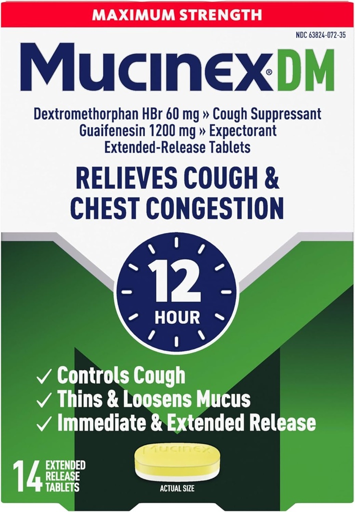 Host suppressant og expectorant, Mucinex DM Maksimal styrke 12 timers tabletter, 14ct, 1200 mg Guaifenesin, Relieves Chest Congestion, Quiets Wet og Dry Hough, 1 Læge Anbefalet OTC Expectorant