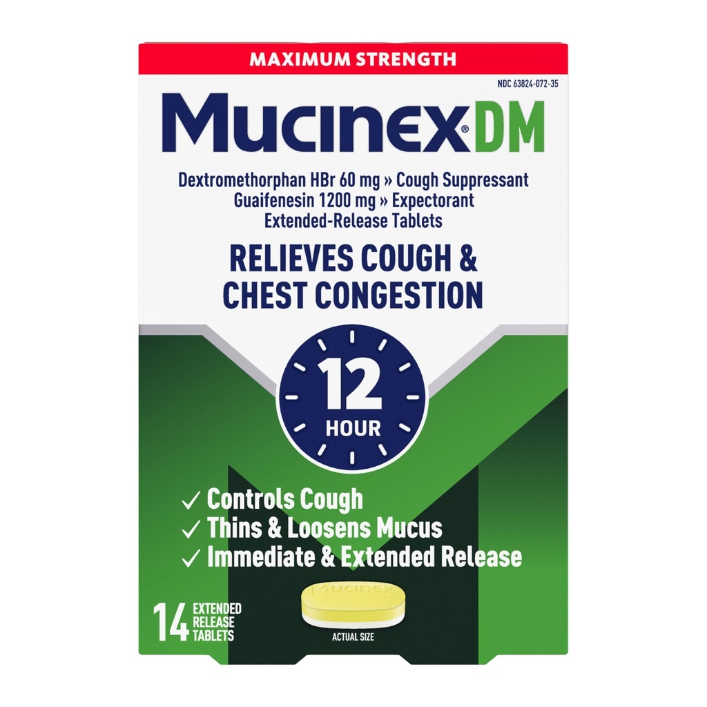 Host suppressant og expectorant, Mucinex DM Maksimal styrke 12 timers tabletter, 14ct, 1200 mg Guaifenesin, Relieves Chest Congestion, Quiets Wet og Dry Hough, 1 Læge Anbefalet OTC Expectorant