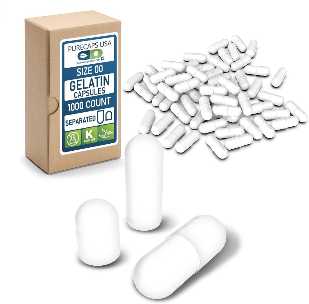 PureCaps USA - Tomme Gelatine kapsler Størrelse 00 ttesmå 124; 1.000 Separated Pills ttesmå 124; Hvid MSD 124; Non- GMO Certified Medic124; SLS, Gluten, Konserveringsfri