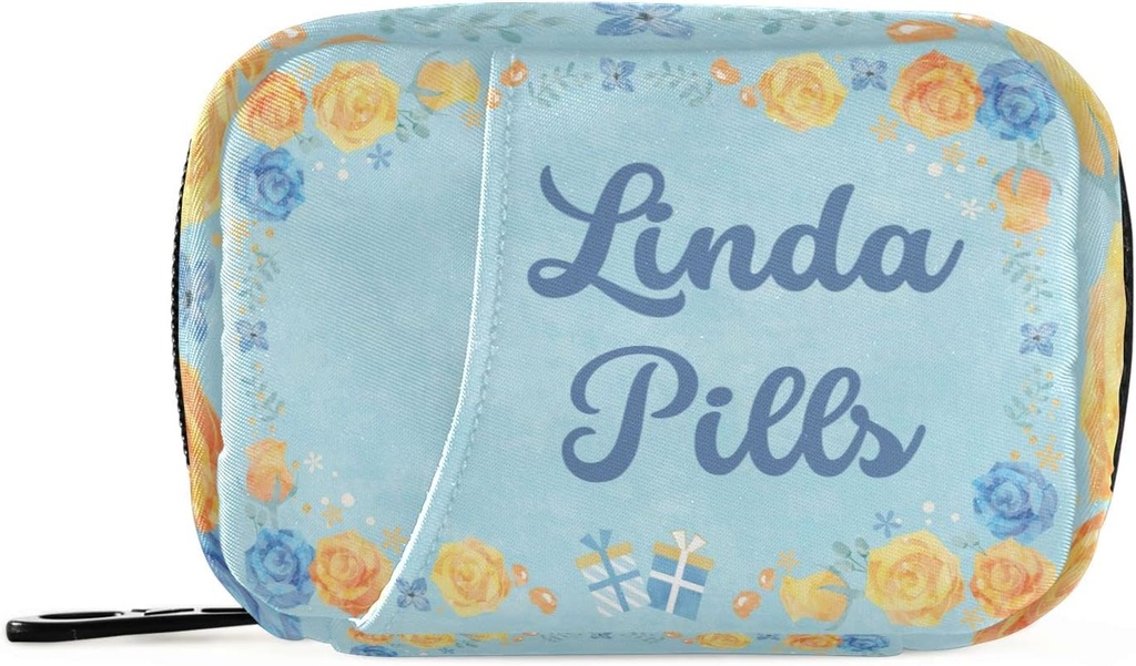 Custom Pill Box 7 Dag Pill Case Bag Blå Gul Blomst Personaliseret Navn Rejse Pill Organizer Bag med lynlås Portable ugentlige sag Kompakt størrelse for Vitamin Supplement Holder