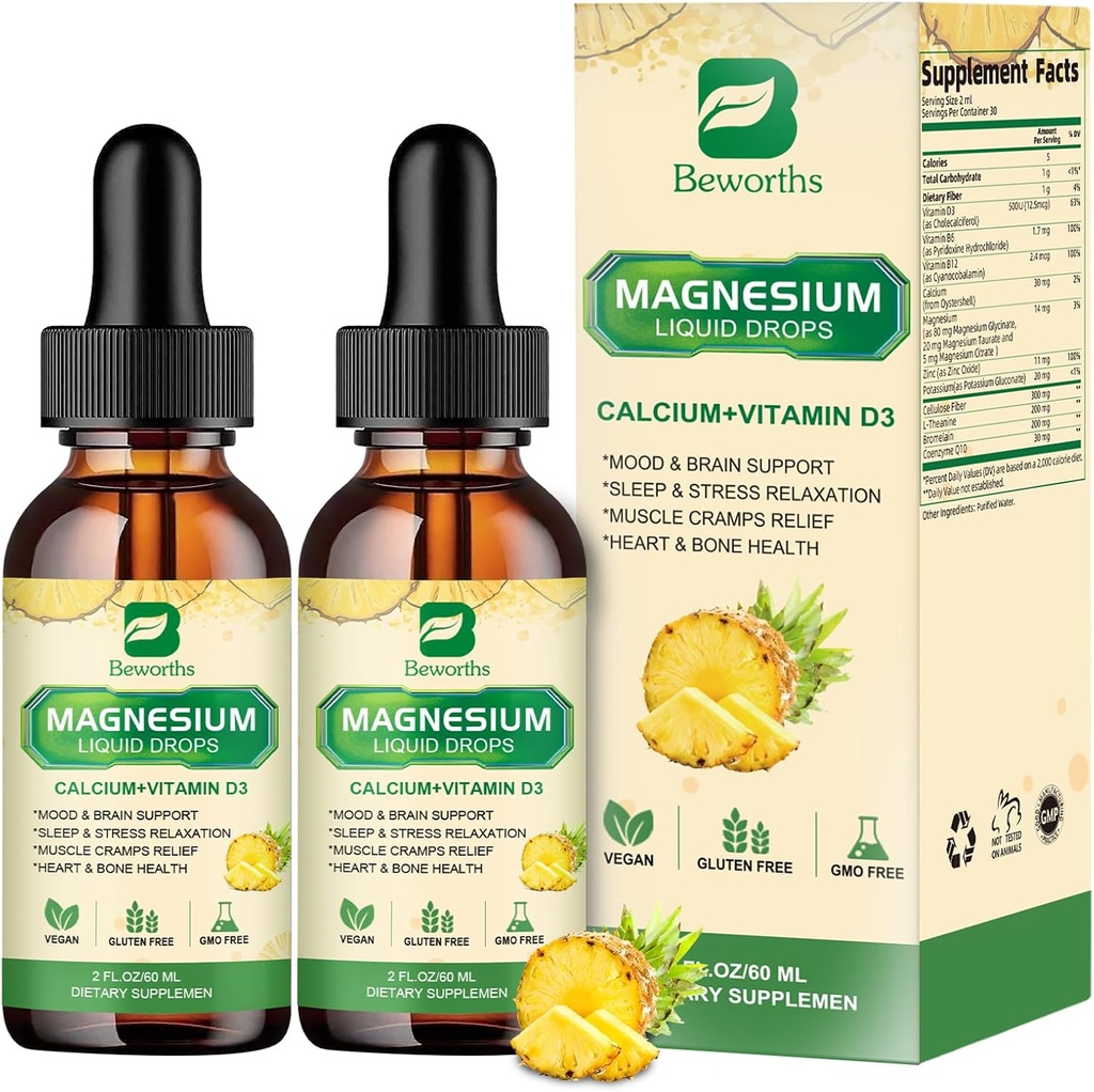 Magnesium Complex Liquid Drops, Magnesium Glycinate Liquid Drops med Magnesium Taurat, Citrat, Calcium, Kalium, Vitamin, Zink (2 Fl Oz (pakke med 2), Ananas)