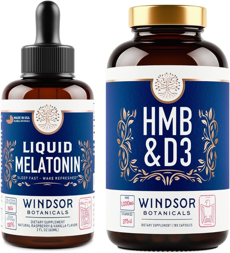 WINDSOR BOTANICALS HMB med vitamin D3 supplement og flydende Melatonin 3 mg - træning og inddrivelse bundle
