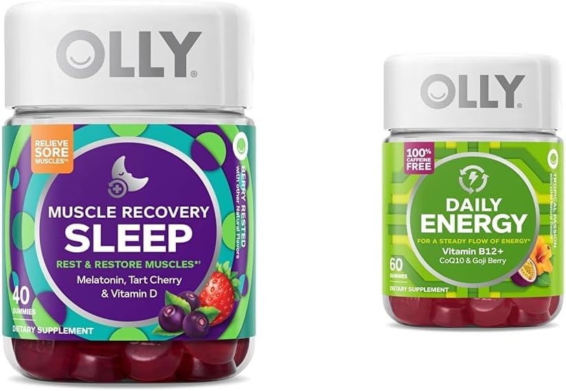 OLLY Muscle Recovery Sleep Gummies, Sleep and Sore Muscle Support, 3 mg Melatonin, Tart Cherry & Daily Energy Gummy, Koffein Free, Vitamin B12, CoQ10, Goji Berry, Voksen Chewable Supplement