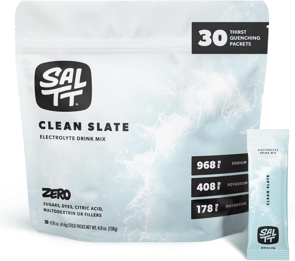 SALTT Electrolytes Powder Unflavored Drink Mix - Clean Slate - 30 Hydration Packets - Magnesium, Kalium, Natrium, Trace Minerals - Zero Sugar & Gluten Free - Travel Essentials
