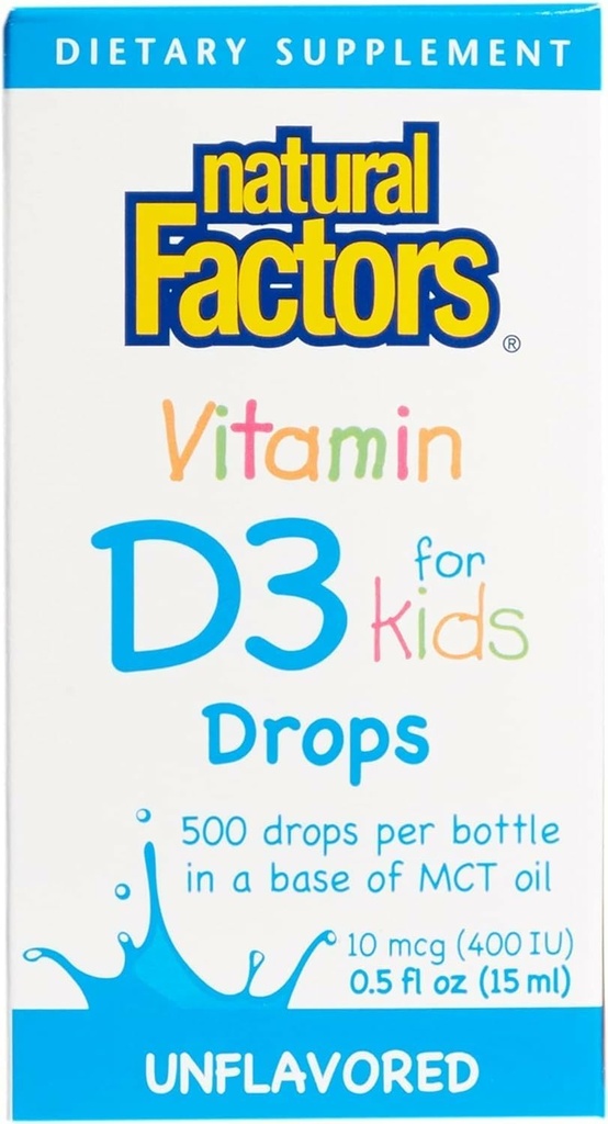 Naturlige faktorer, D3- vitamin dråber 400 IE (10 µg) for børn, understøtter stærke knogler og immunfunktion, 0, 5 fl oz, 0, 5 Oz