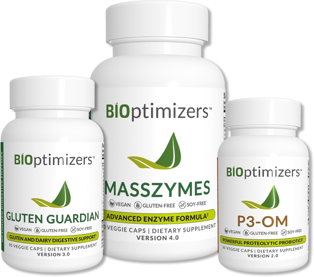 BiOptimizers Complete Gut Health Bundle - fordøjelsesenzymer med probiotika og prebiotika - Bloating Relief og fordøjelsesbalance - P3-OM, Gluten Guardian, MassZymes (270 kapsler)
