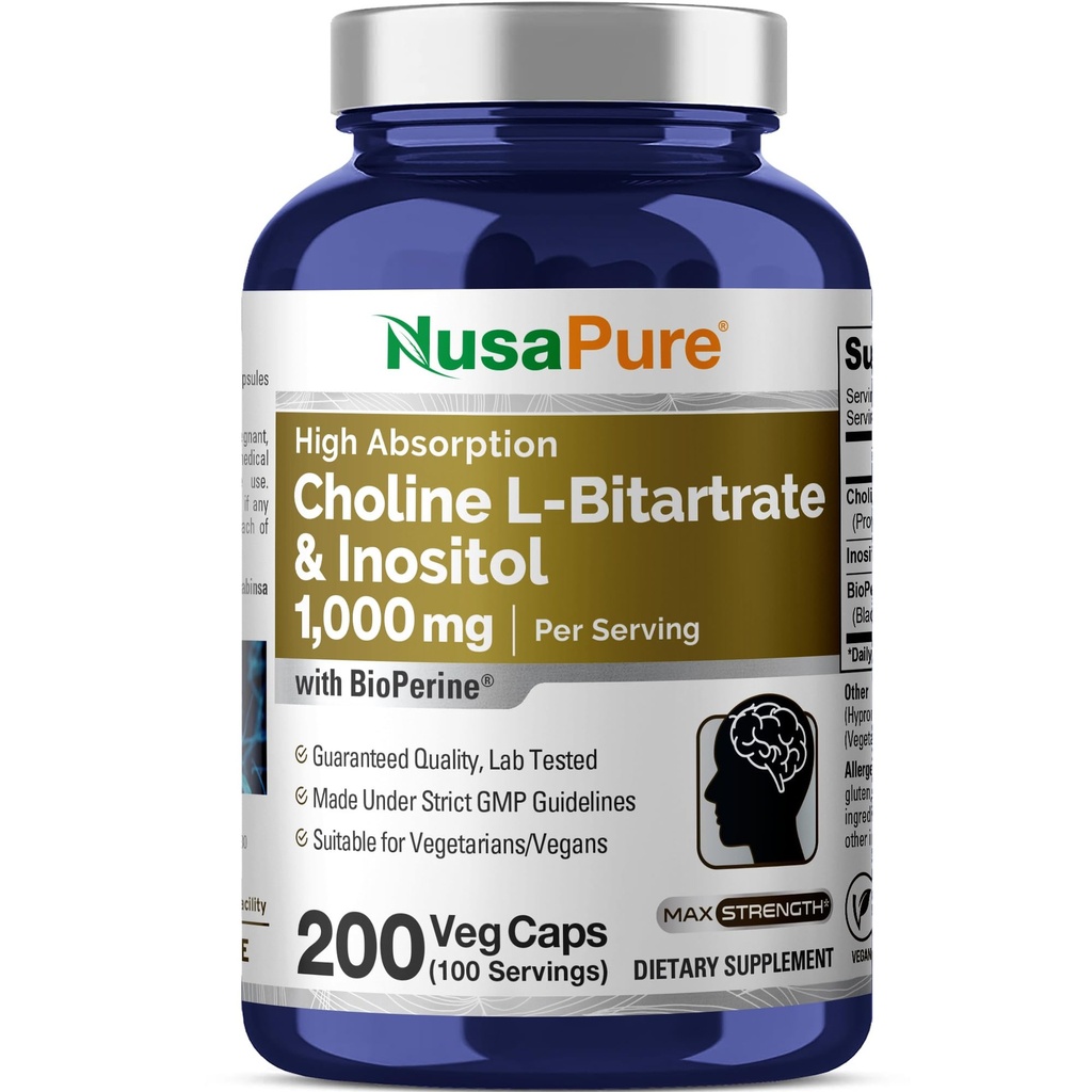 NusaPure Cholin & Inositol 1000mg - 200 Veggie Caps (100% Vegetarisk, Non- GMO) Bioperine